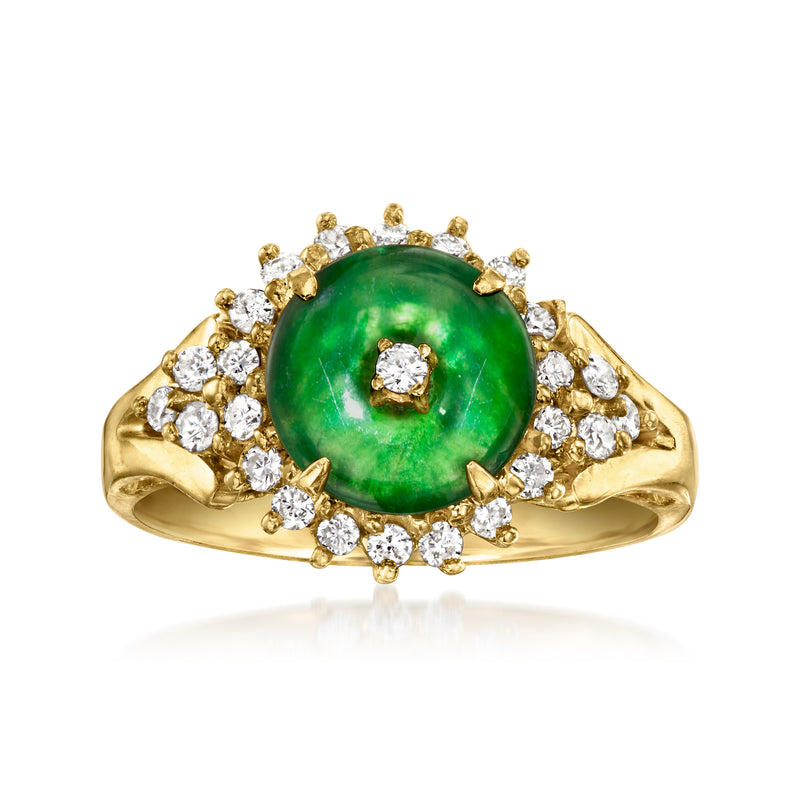 18kt yellow gold jade oval ring with diamond halo and center stone