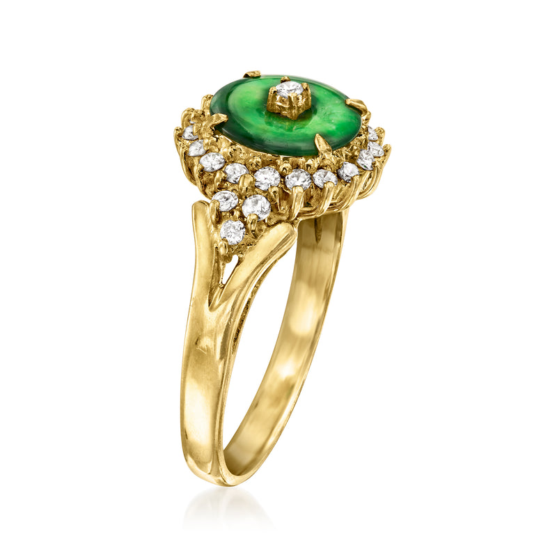 Yellow gold ring with oval green jade center and prong-set diamonds on band