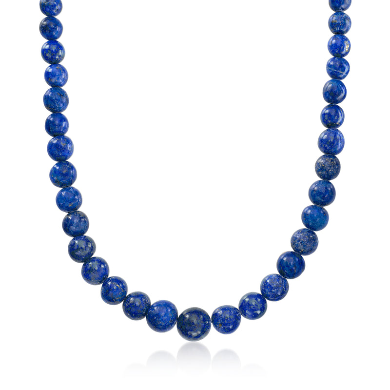Graduated lapis lazuli bead necklace, round blue stones with sterling silver accents