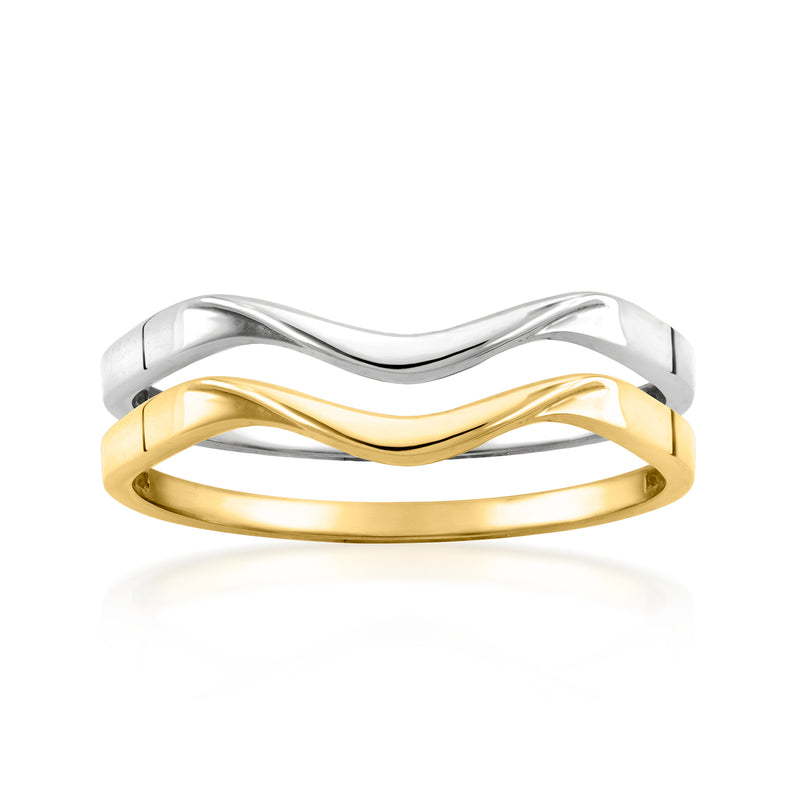 Two wave rings in two-tone gold and polished silver, stacked design