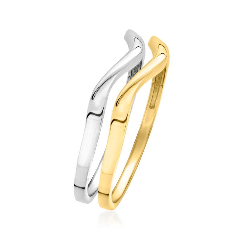 Two wave rings, one gold and one silver, linked side view