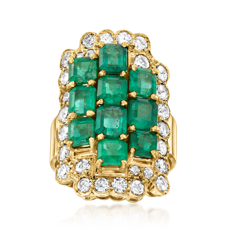 18kt yellow gold cluster ring with green emerald rectangles and round diamond halo