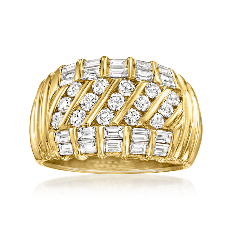 18k yellow gold diamond ring with baguette and round-cut stones in a basket setting