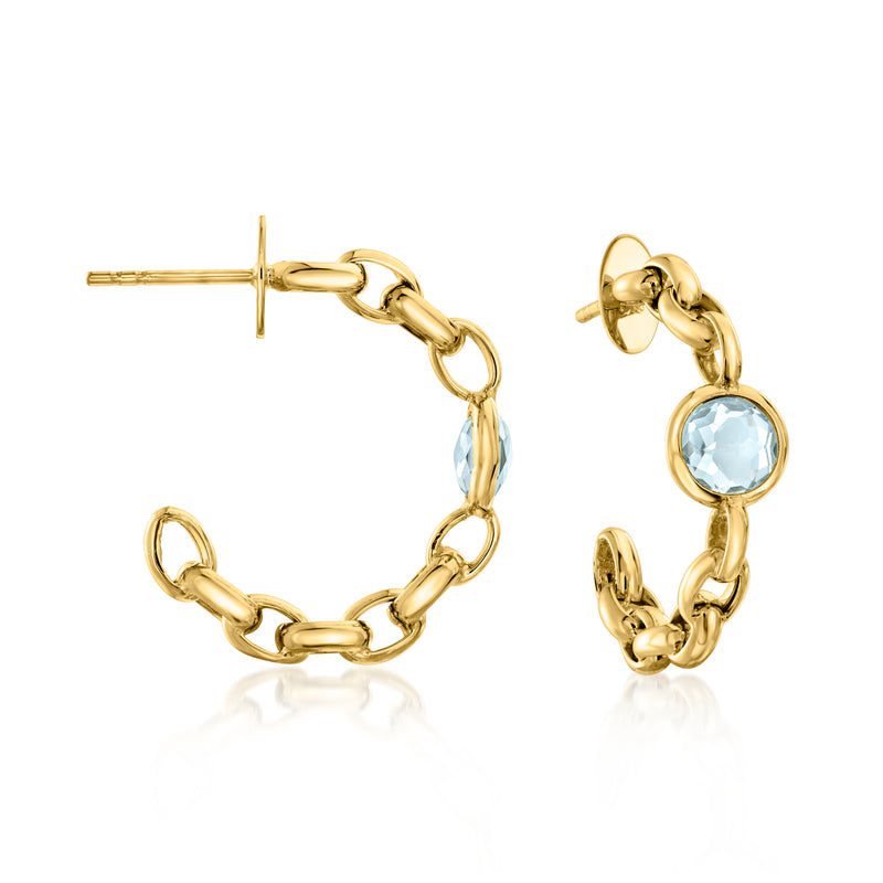18kt yellow gold chain-link hoop earrings with round blue topaz stones