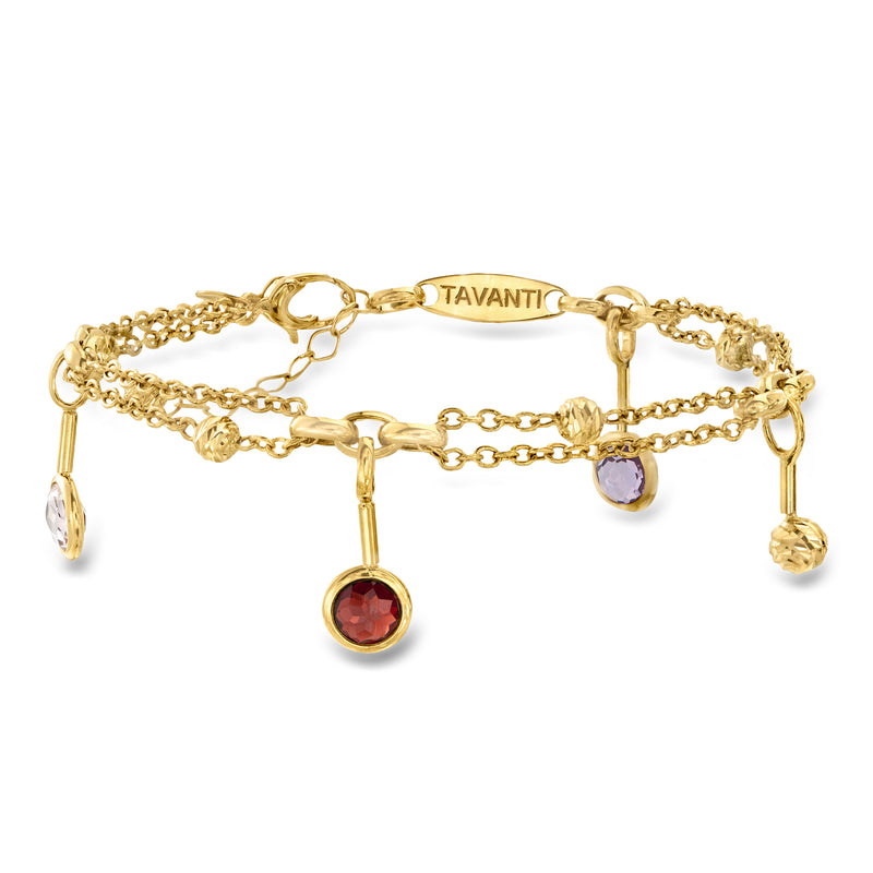 18k yellow gold multi-gemstone drop bracelet with red and purple gemstones
