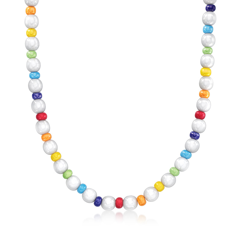 Rainbow and white Murano glass bead necklace with round white spacer beads