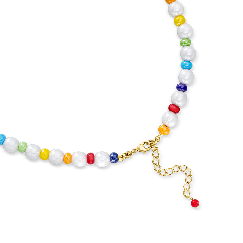 Rainbow bead necklace with gold clasp and chain extender, white and colored beads