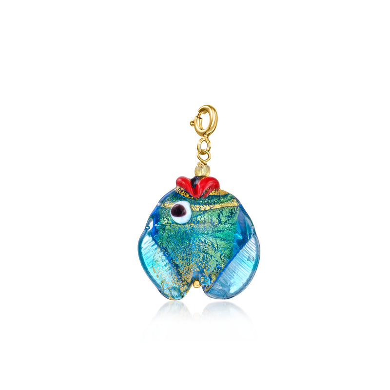 Multicolored Murano glass fish charm with red, blue, and gold-tone loop