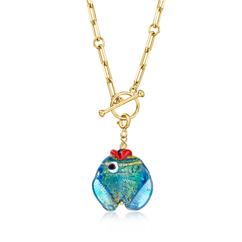Gold-tone necklace with multicolored Murano fish charm hanging from center loop