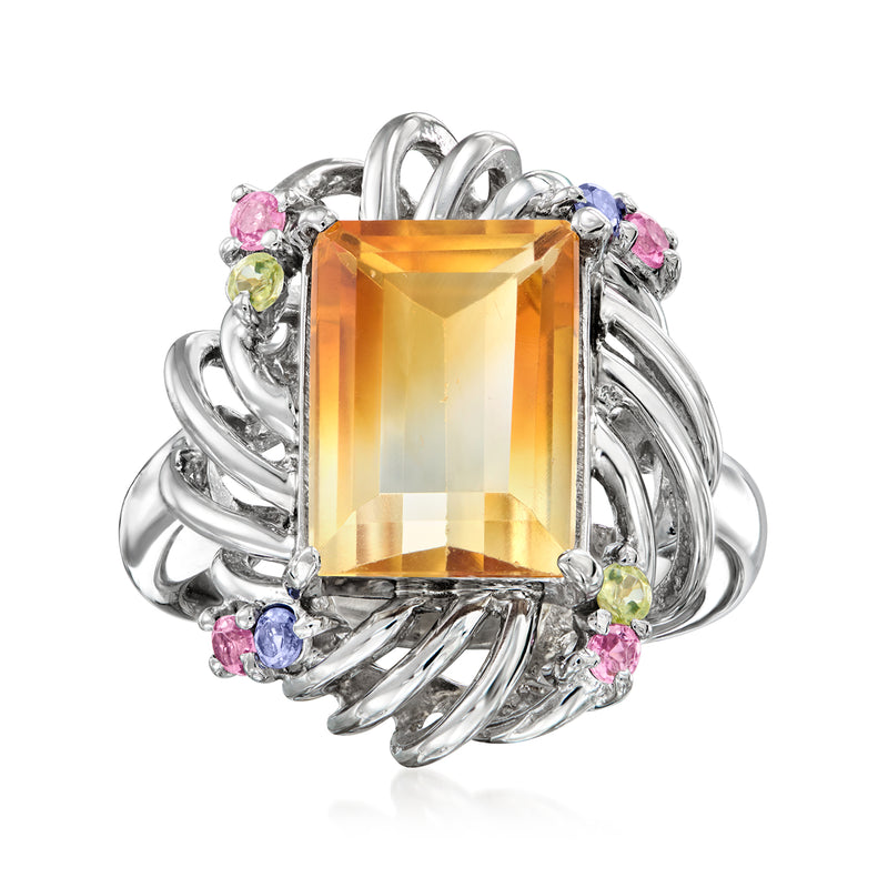 Platinum ring with large rectangular citrine center and colorful side gemstone accents