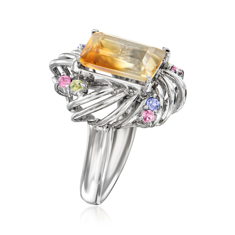 Platinum citrine gemstone ring with twisted split-shank setting and pink blue accents
