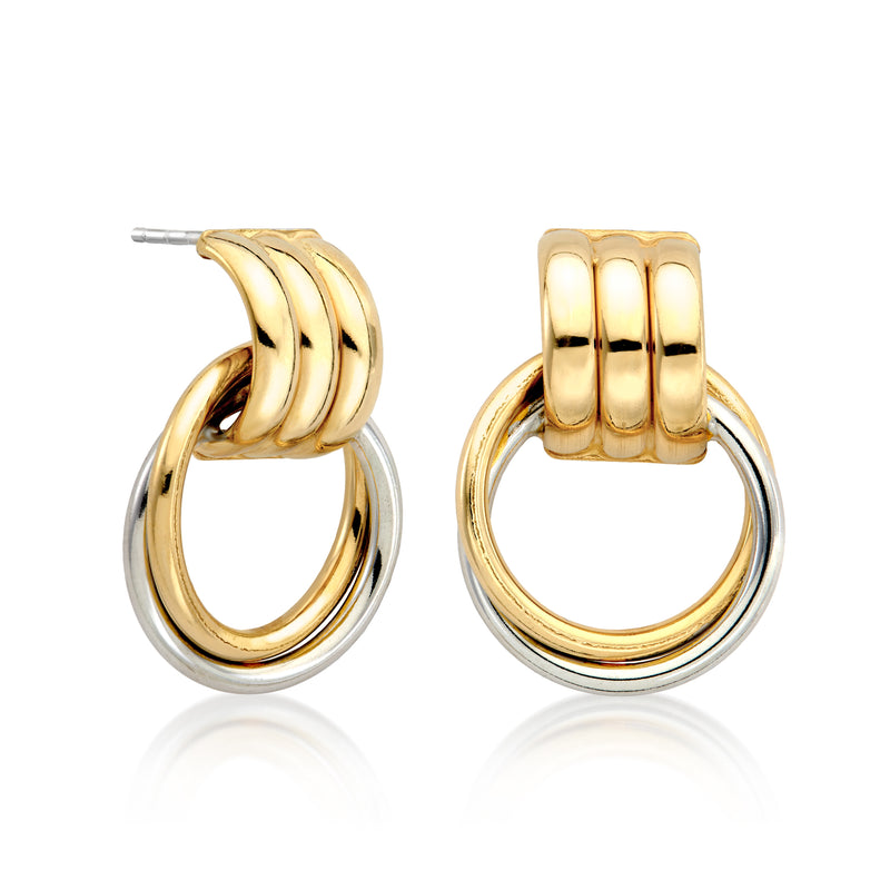 Gold-and-silver circle drop earrings with ribbed gold top and hinged hoop loops