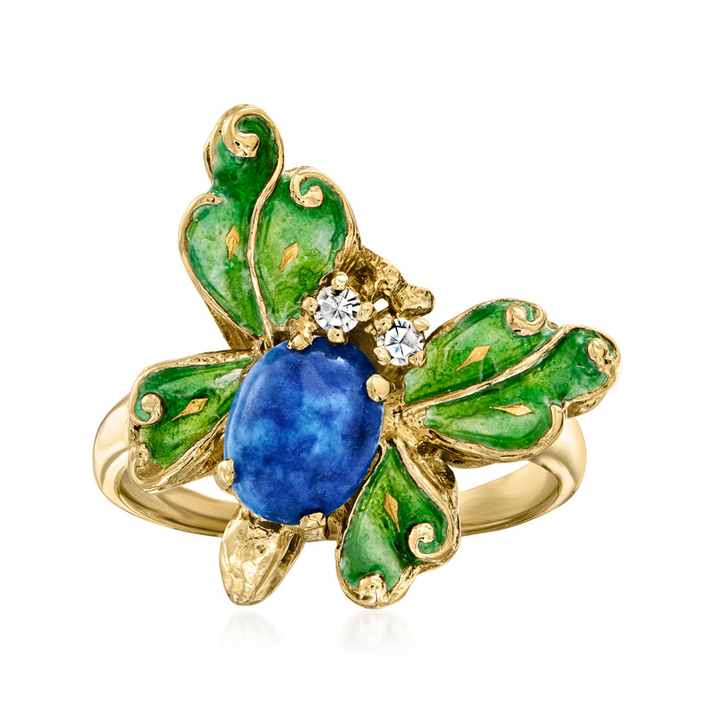 Vintage butterfly ring in 14kt yellow gold with blue stone, green enamel, diamond accents