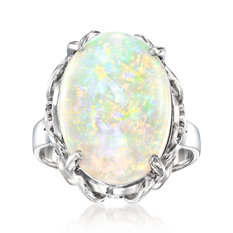 Vintage opal ring with oval opal cabochon, platinum-toned setting, size 7