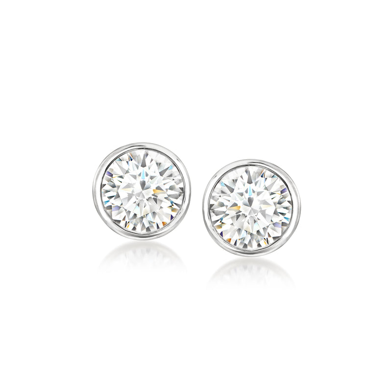 Sterling silver bezel-set CZ stud earrings with round clear stones, pair