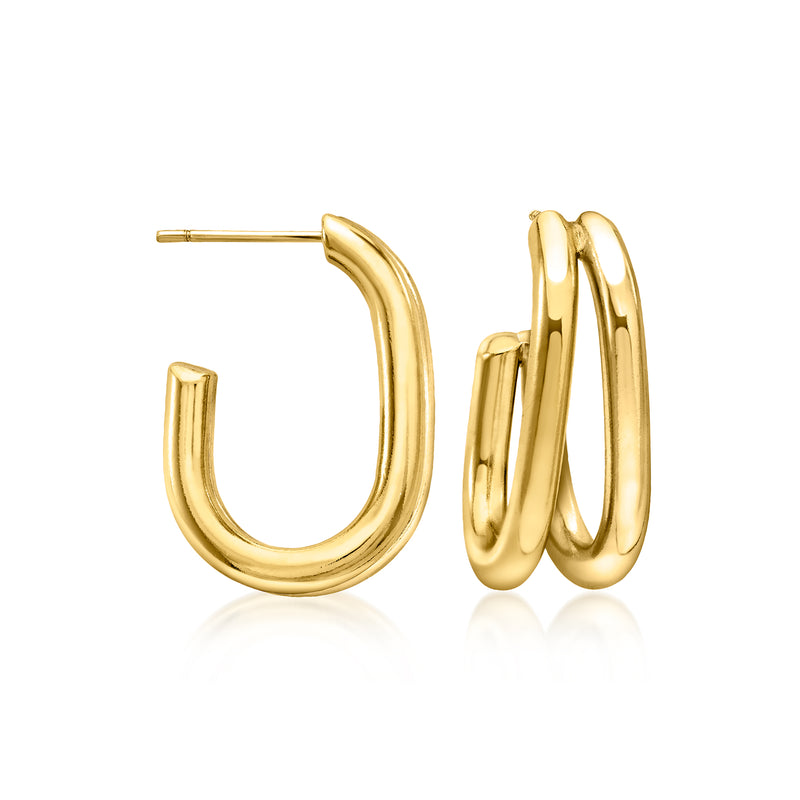 Gold-plated double-row J-hoop earrings, polished gold finish