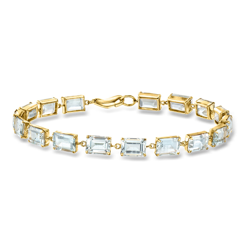 Yellow gold bracelet with rectangular light-blue gemstones and box clasp, 7 in