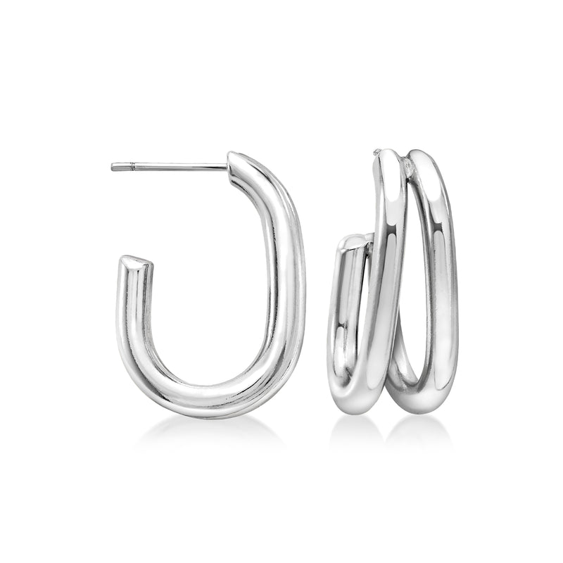Silver-plated double-row J-hoop earrings, polished glossy finish