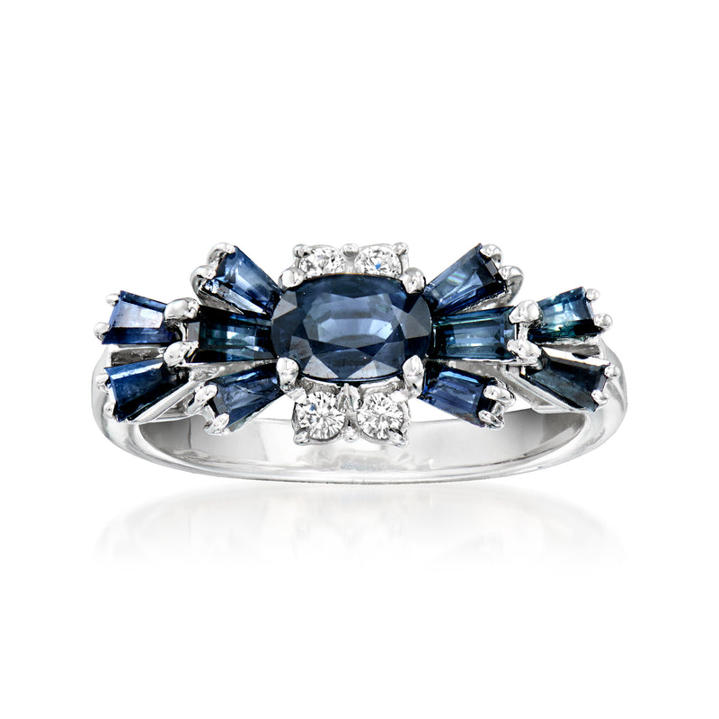 Sapphire and diamond bow ring in white gold, oval blue center with side blue stones