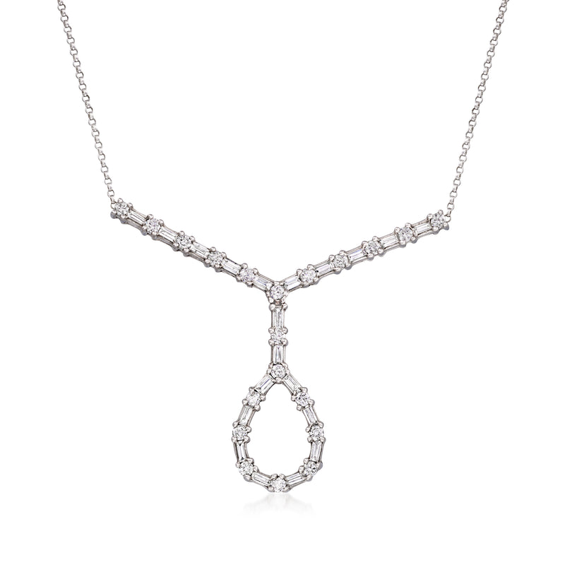 White gold diamond drop necklace with teardrop pendant, linked with small round diamonds