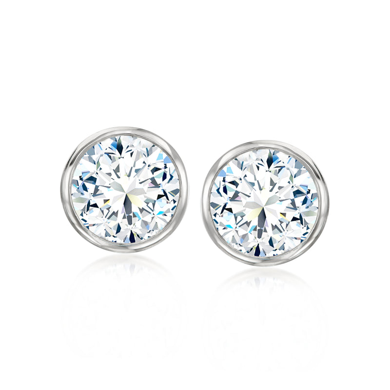 Sterling silver bezel-set CZ stud earrings with round clear stones, pair