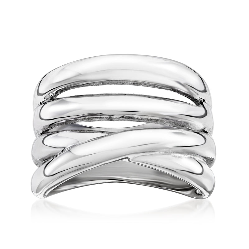 Silver-plated multi-row band ring with curved polished bands, front view