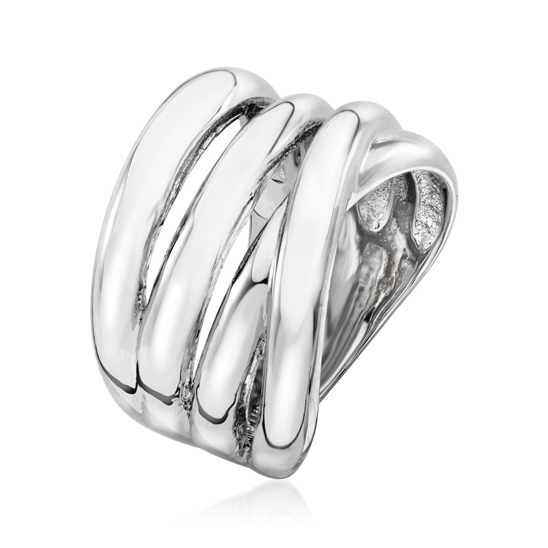 Silver-plated multi-row band ring with stacked curved bands, side close-up