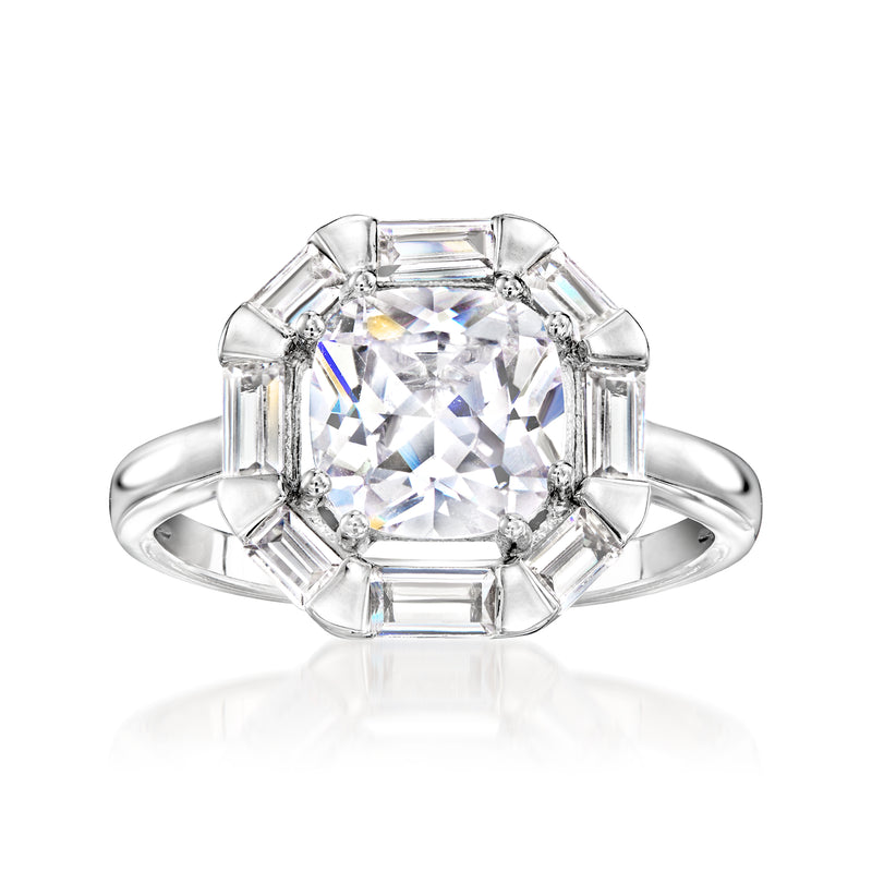 Silver-plated ring with large square CZ center and baguette accents.