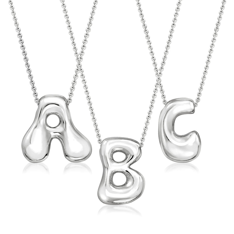 Sterling silver-plated bubble letter necklace with A, B, and C pendants on chain