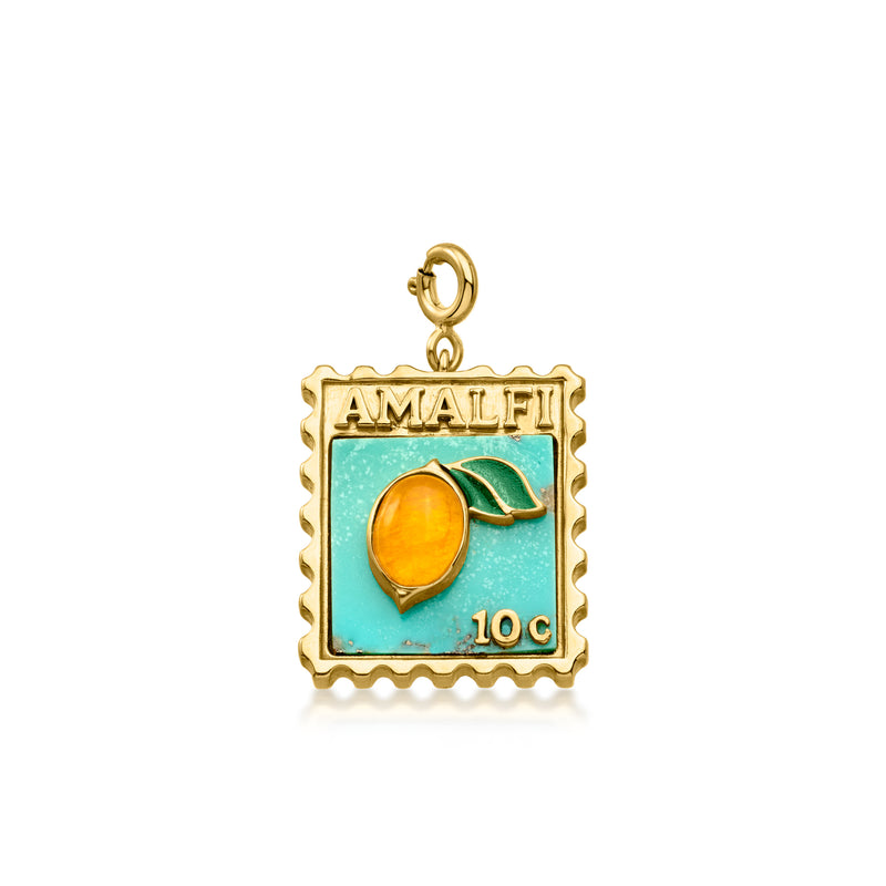 Amalfi jade stamp charm with turquoise enamel, citrus icon, and gold frame