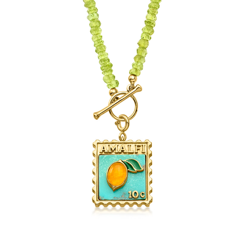 Amalfi pendant charm on neon green bead necklace with gold cross detail