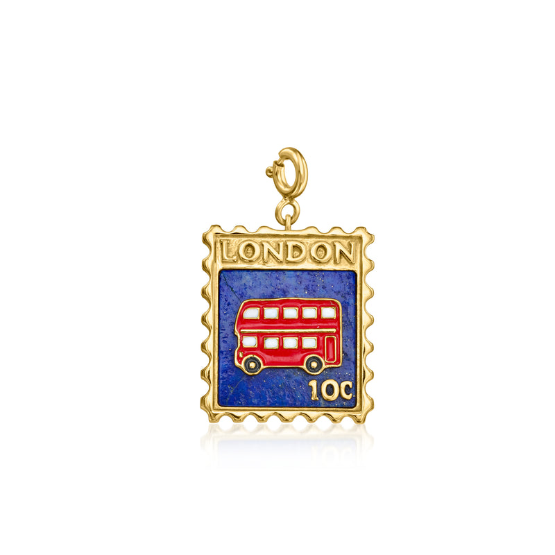 Gold enamel London double-decker stamp charm with red bus on blue, 10c detail