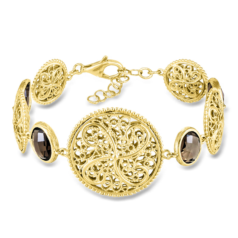 13.00 ct. t.w. Smoky Quartz Filigree Disc Bracelet in 18kt Gold Over Sterling. 7"