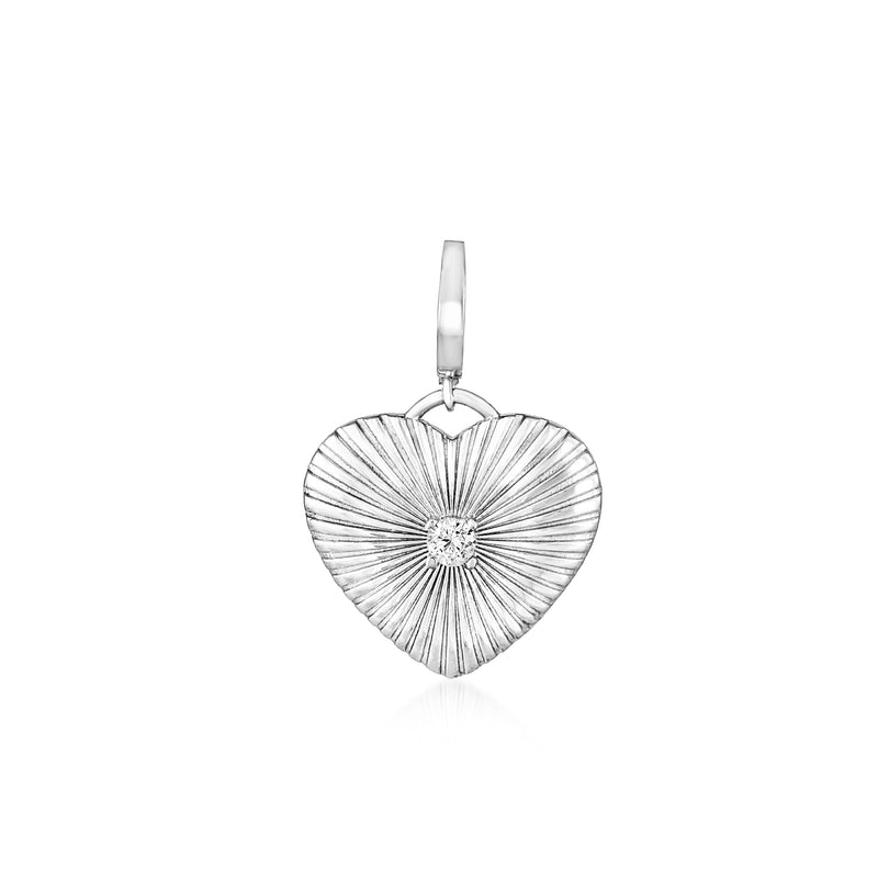 Sterling silver heart charm with white zircon center and radial textured rays