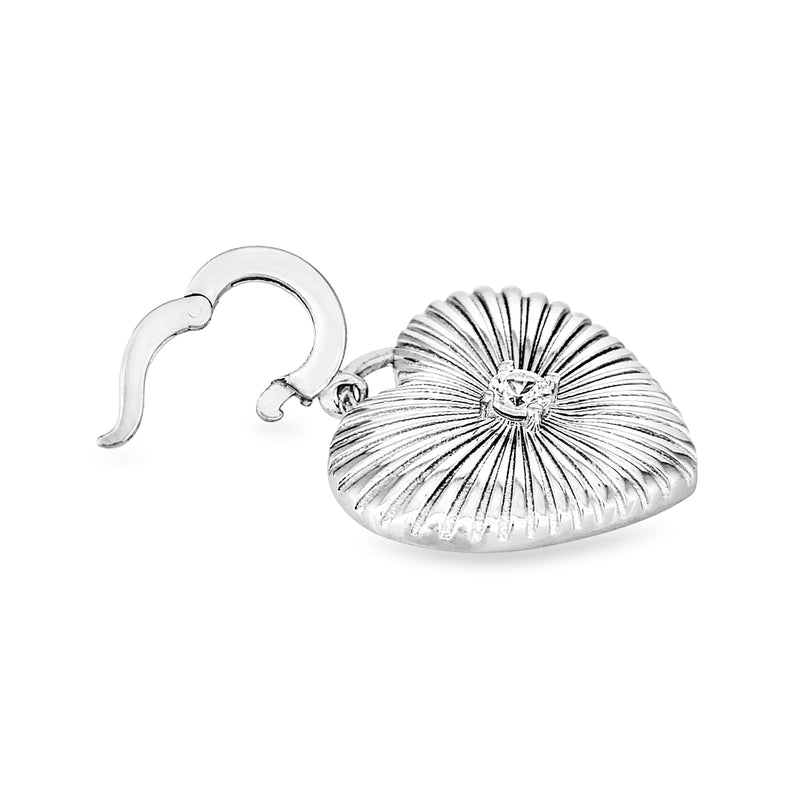 Sterling silver heart charm side view, sunburst texture with white zircon center
