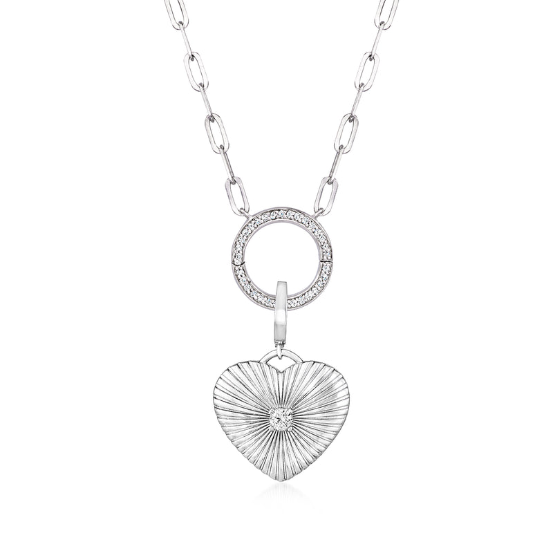 Sterling silver heart charm with white zircon, suspended from a round stone hoop