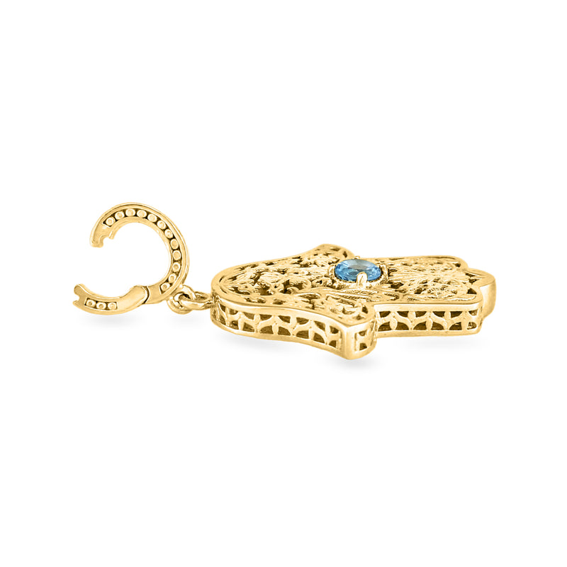 Hamsa charm pendant with blue center stone and openwork side design, gold-tone