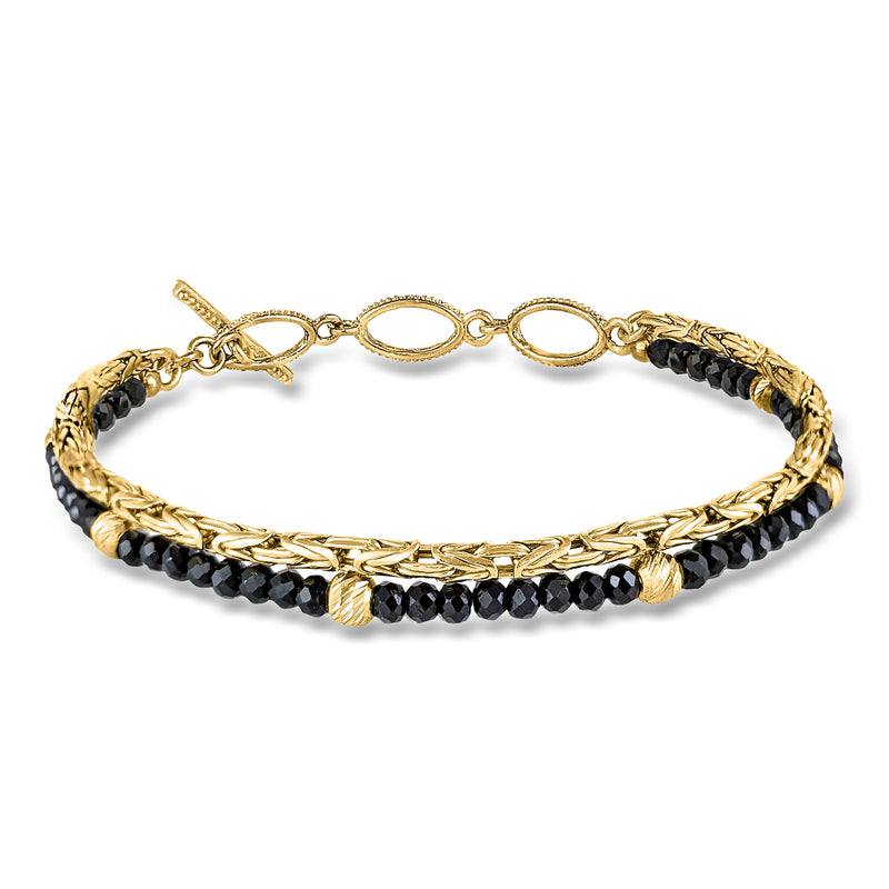 Two-row toggle bracelet with black spinel beads and gold-tone Byzantine braid links