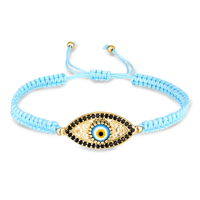 Adjustable light-blue nylon cord bracelet with gold evil-eye charm and blue center