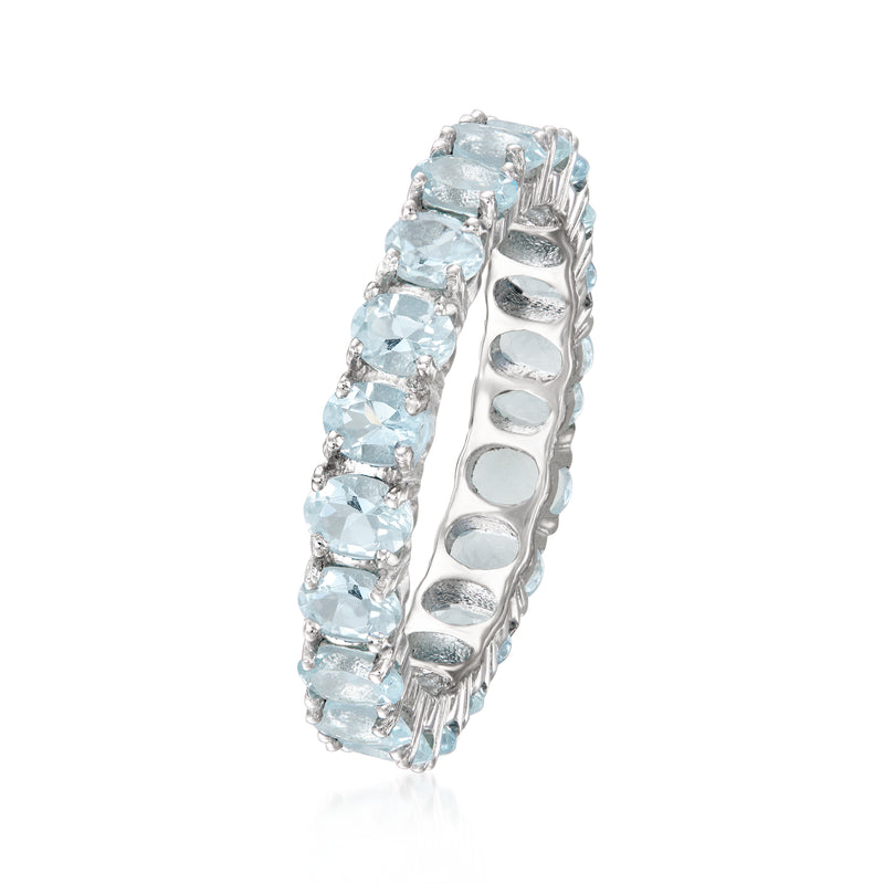 Sterling silver aquamarine eternity band, side view with light-blue square stones