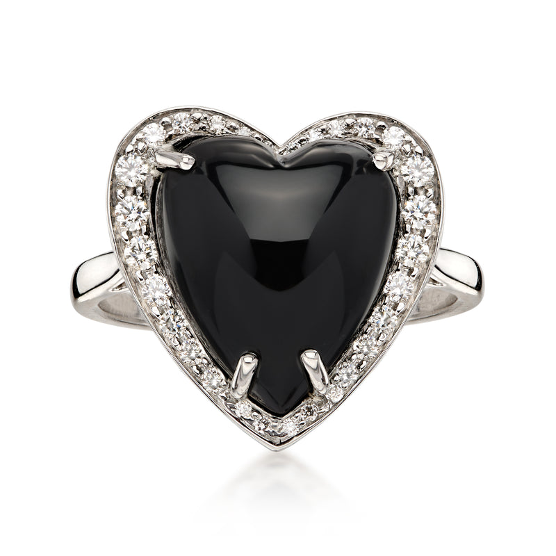 Heart-shaped onyx gemstone ring with diamond halo in platinum setting