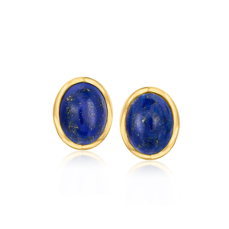 Round lapis stud earrings with gold bezel settings