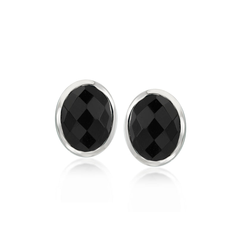 Sterling silver onyx stud earrings, round bezel-set black stones