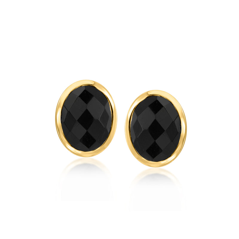 Oval onyx stud earrings in gold bezel, black gemstone pair