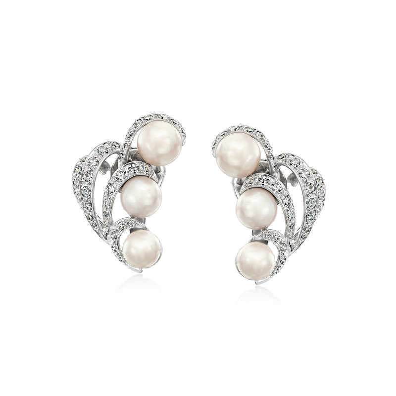 Cultured pearl and diamond swirl hoop earrings, three pearls, 14kt white gold