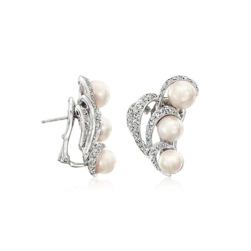 14kt white gold cultured pearl & diamond swirl post earrings, three pearls