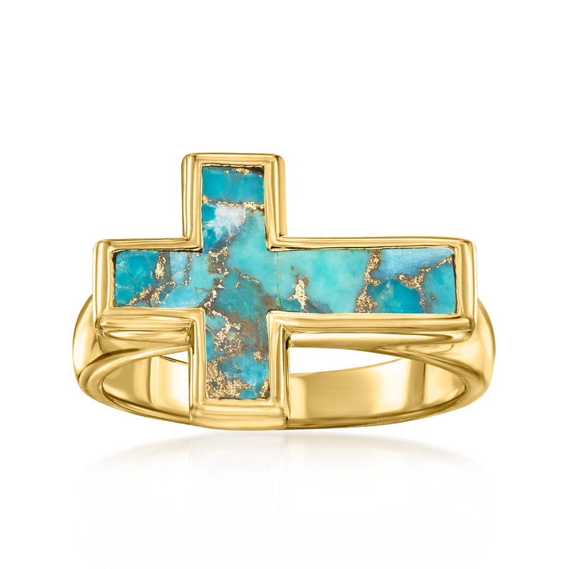 Gold cross ring with turquoise inlay stone, squared settings, polished band.