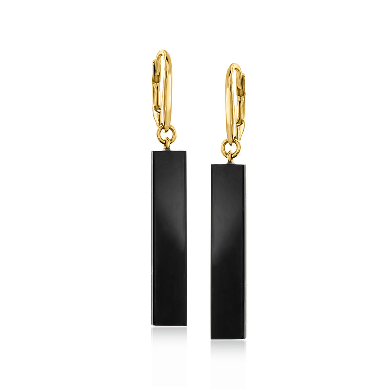 Gold over sterling onyx bar drop earrings with leverbacks, black rectangular stones.