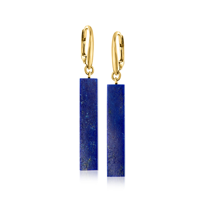 Gold leverback drop earrings with blue lapis bar details.