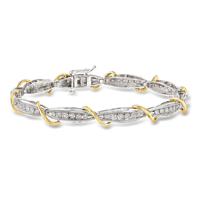 Vintage diamond bracelet in 14kt two-tone gold with oval links and yellow gold accents